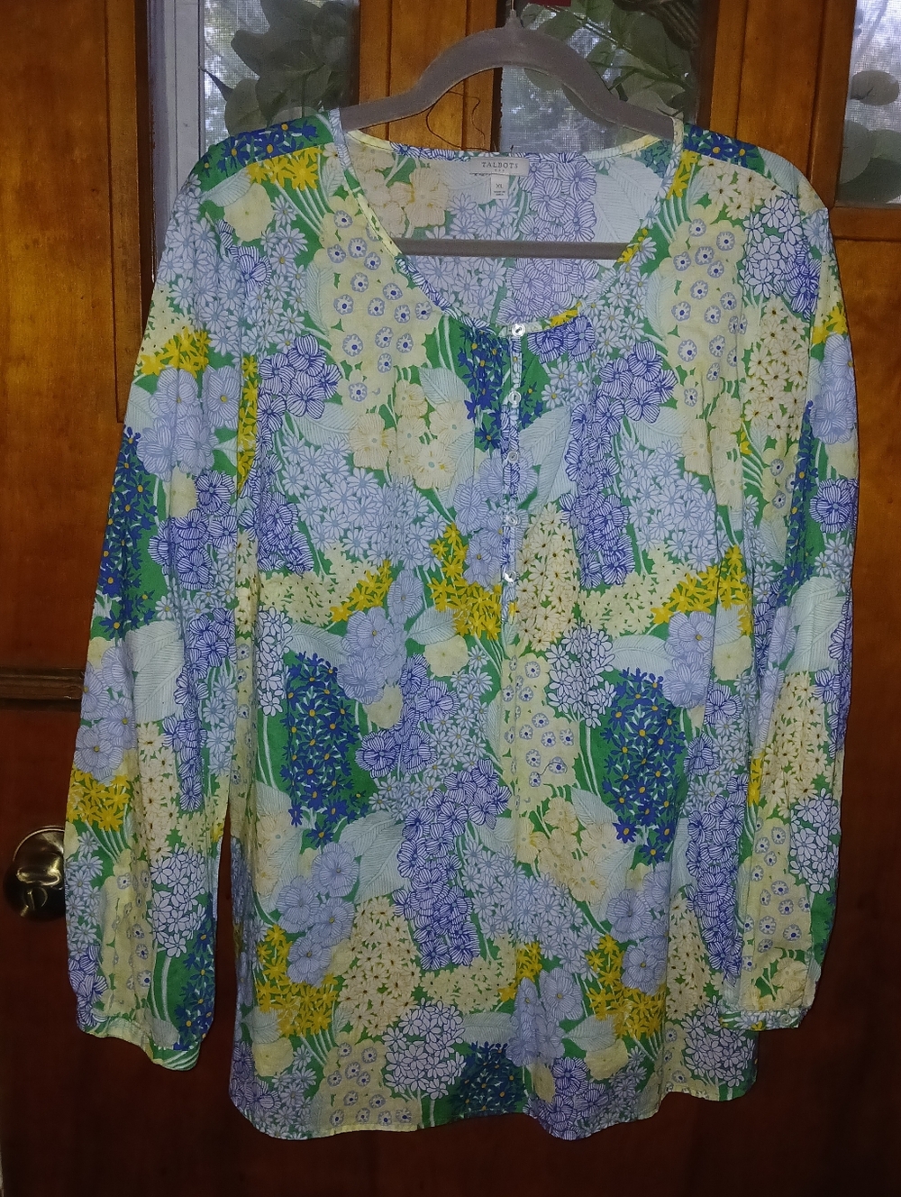 Talbots Floral Split-Neck Long-Sleeve Top in Green & Purple